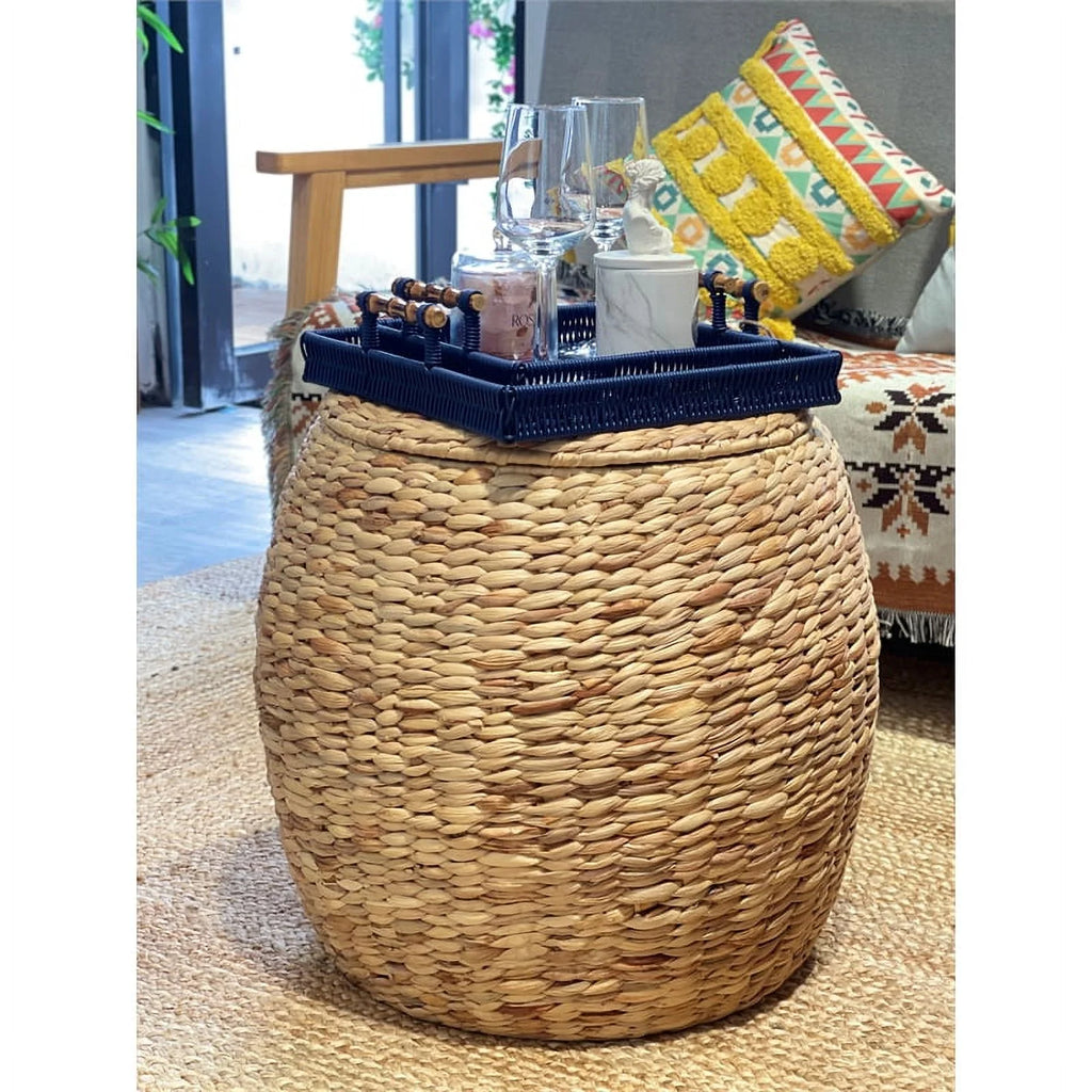 Beige Wicker Rattan Storage Ottoman Basket with Lid M3666