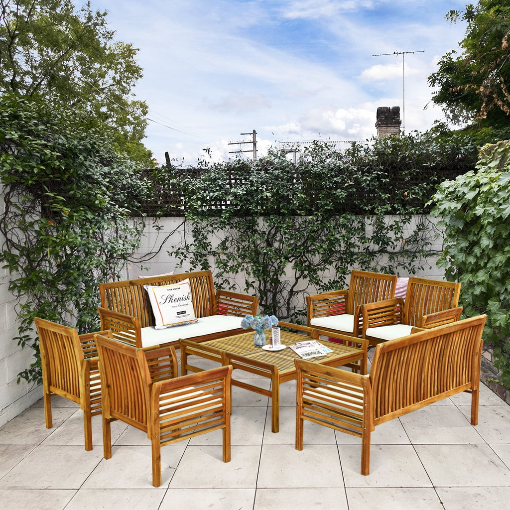 4-Piece Acacia Wood Patio Sofa Set with Beige Cushions V593