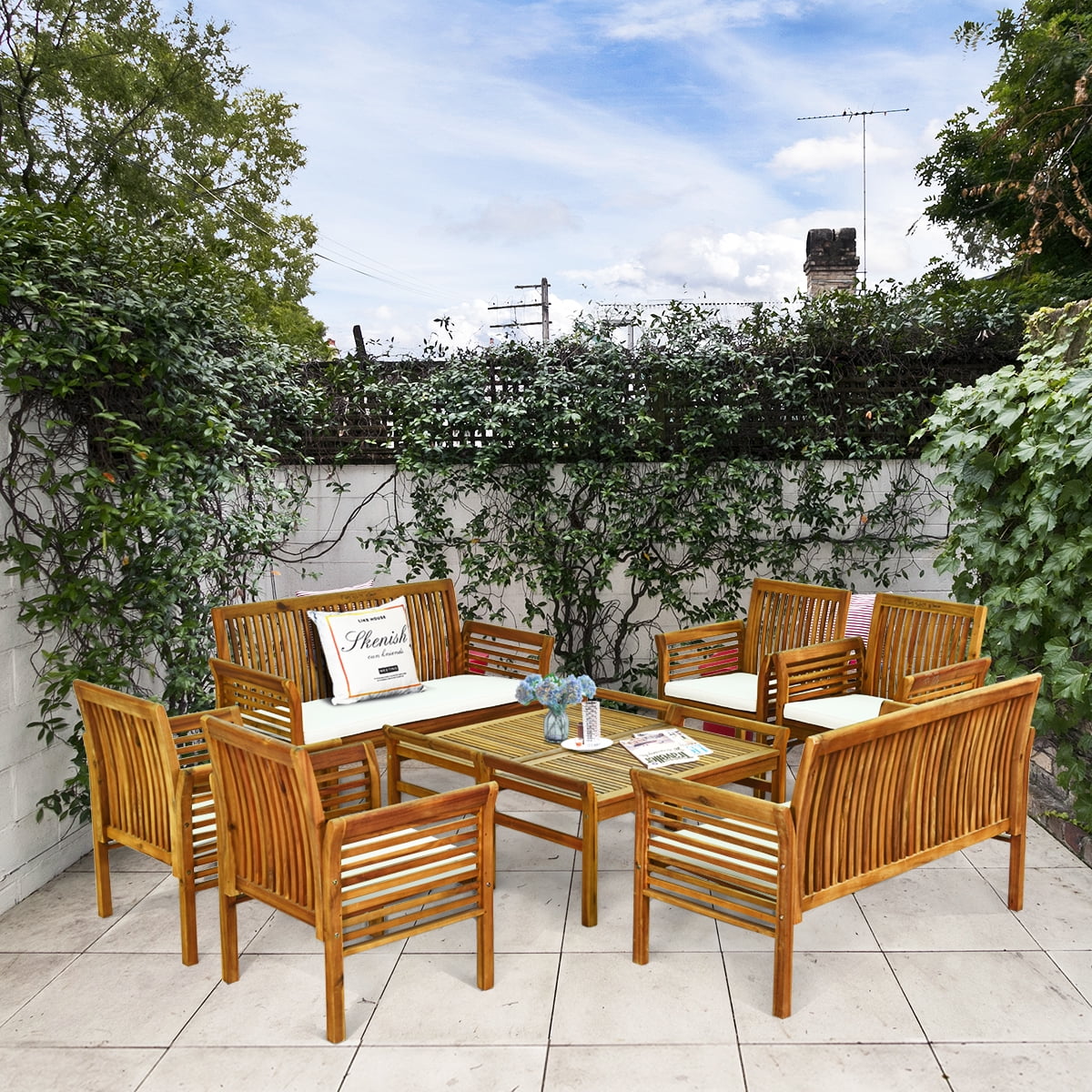 4-Piece Acacia Wood Patio Sofa Set with Beige Cushions V593