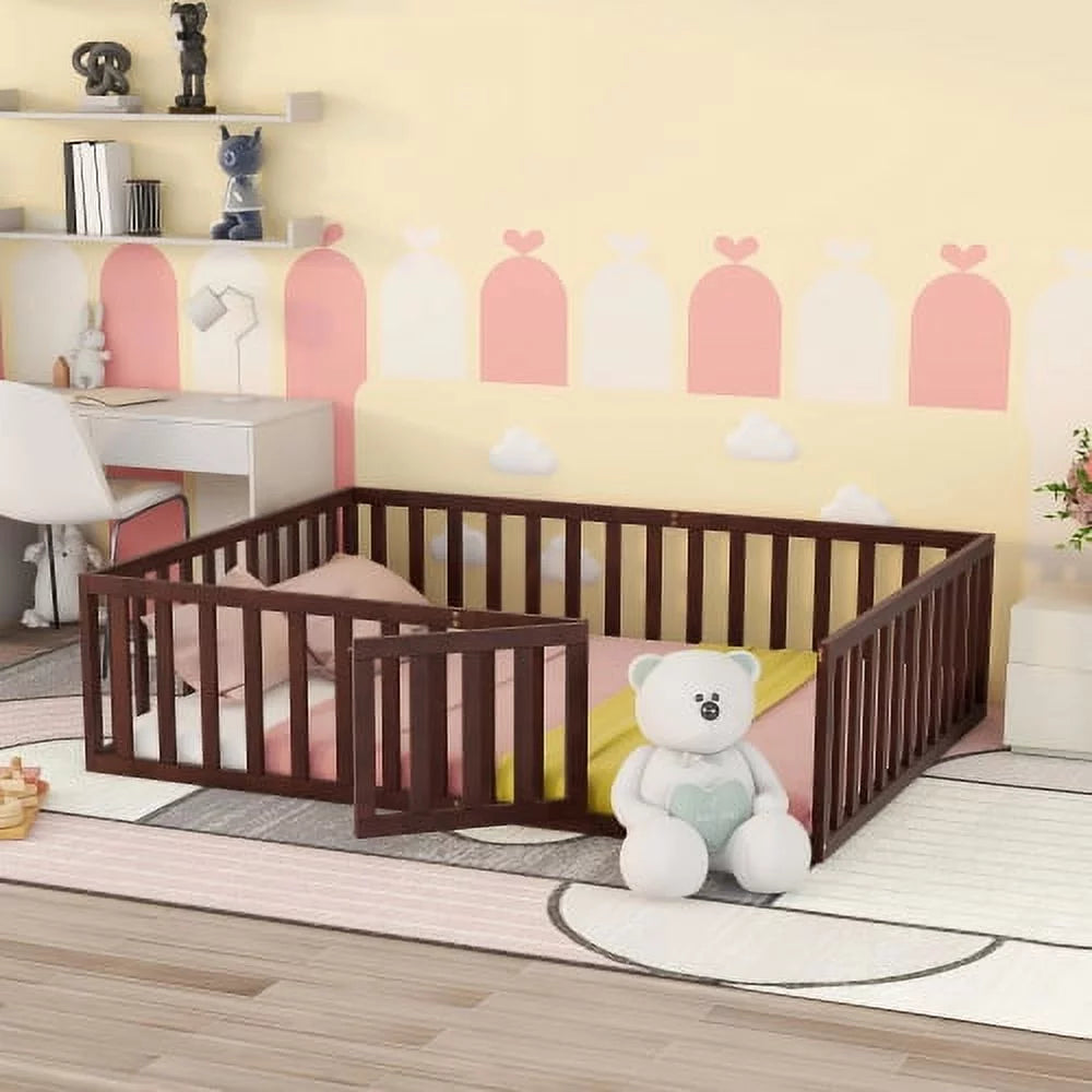 Twin Size Solid Wood Floor Bed Frame with Fence and Door E771938