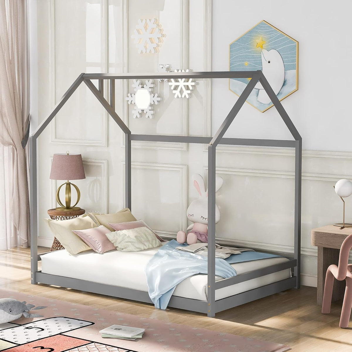 White Twin Size Wood Platform Bed with Trundle and Roof F665
