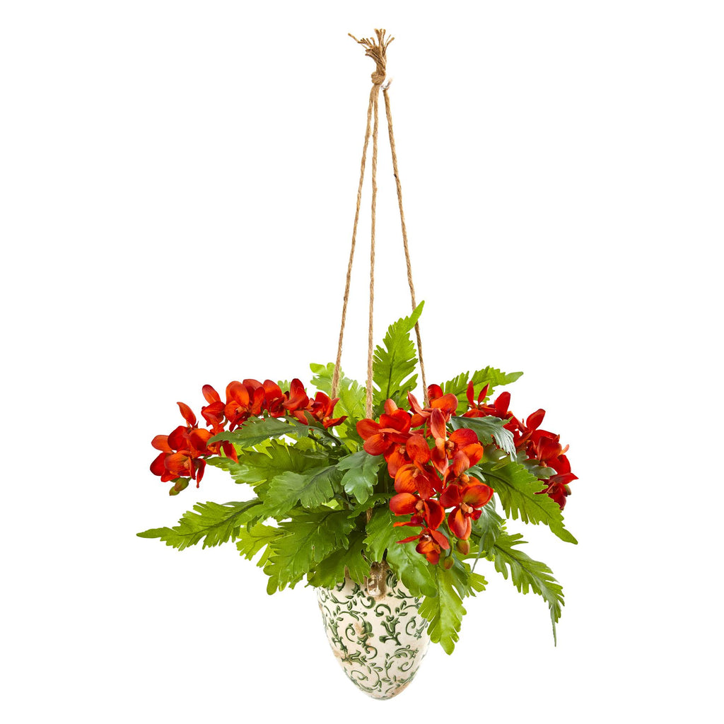 26x22 Orange Artificial Orchid and Fern in Hanging Vase G1621