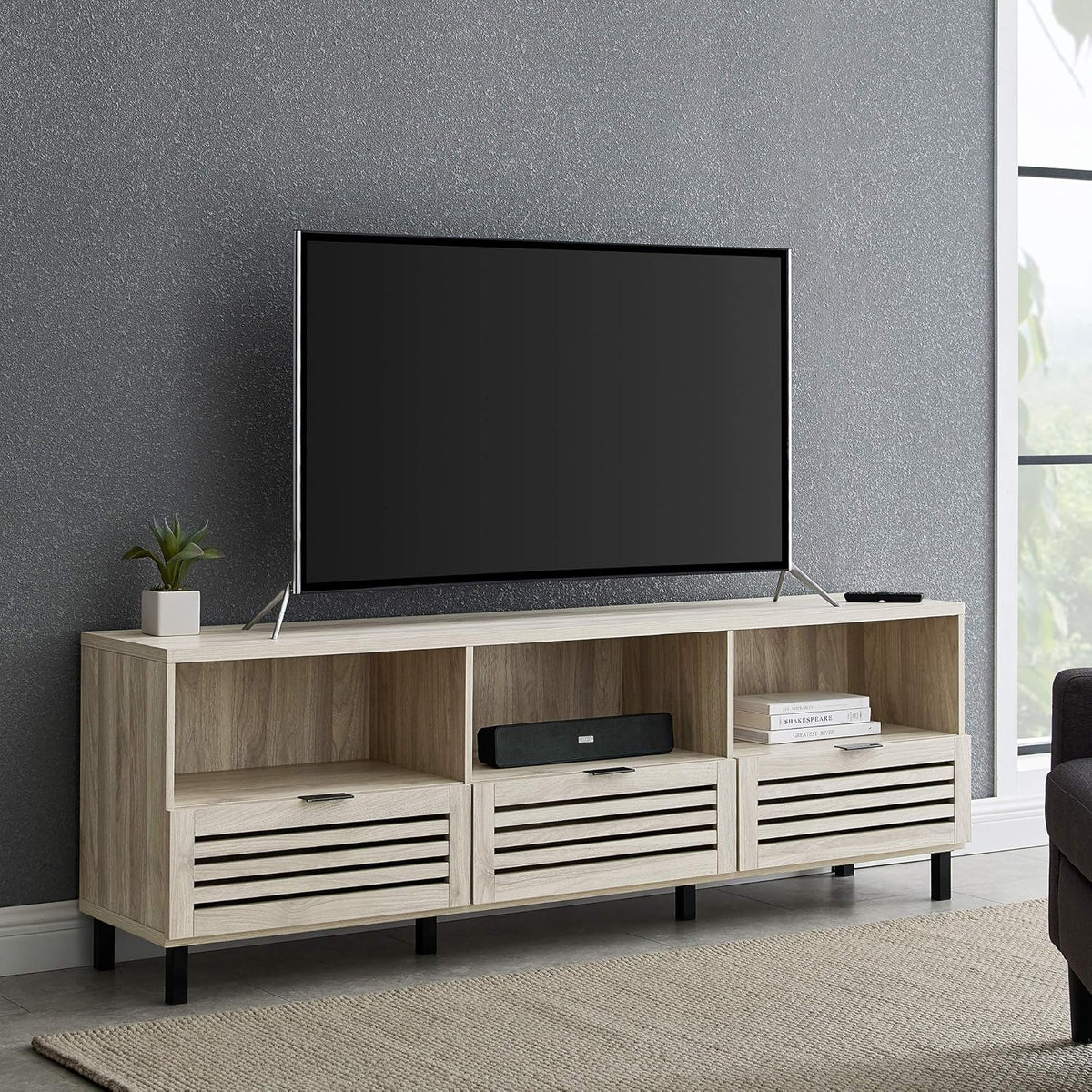 Modern Wood TV Stand with Slat Doors, 58 Inch, Dark Walnut F82504