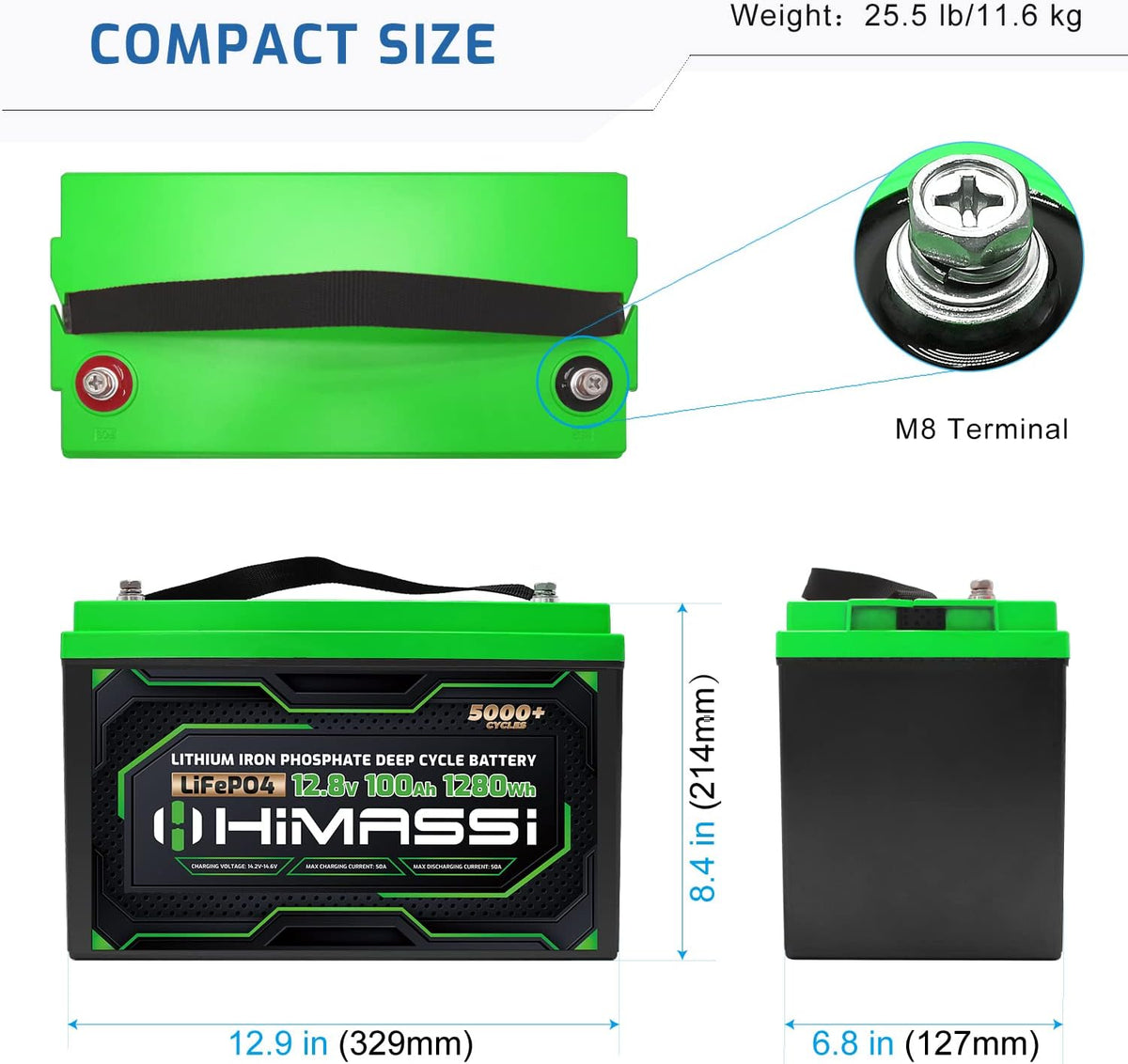 12V 100Ah LiFePO4 Battery with 100A BMS M630