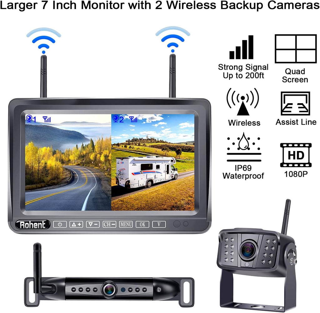 Wireless Backup Camera HD1080P 2 Cameras 7 Inch DVR Monitor IP69K Waterproof J1051