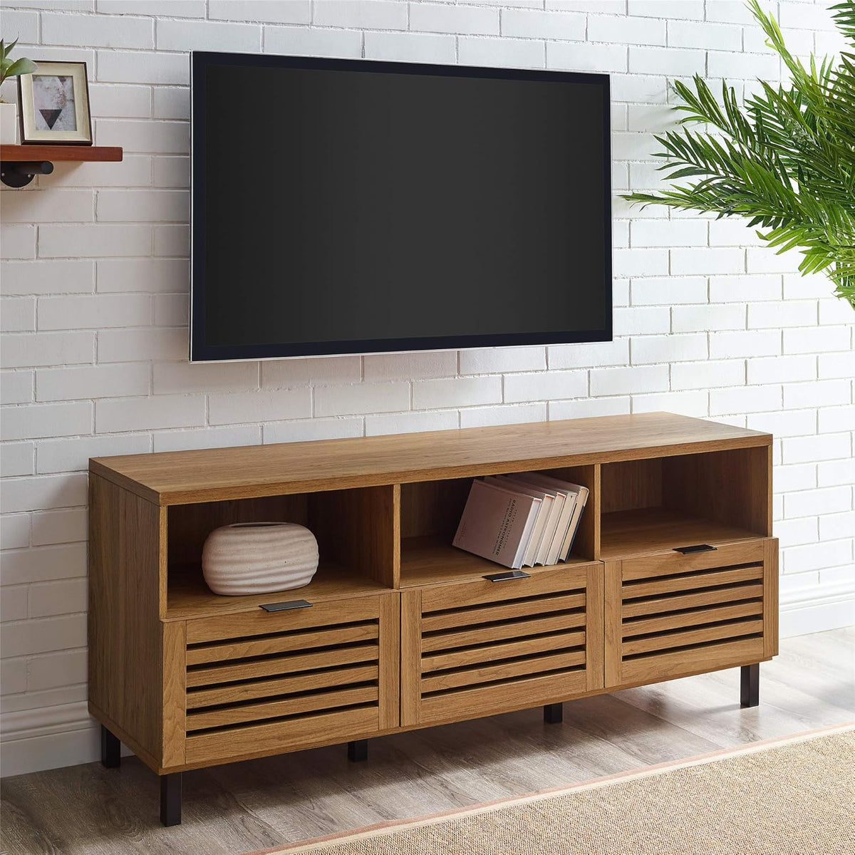 Modern Wood TV Stand with Slat Doors, 58 Inch, Dark Walnut F82504