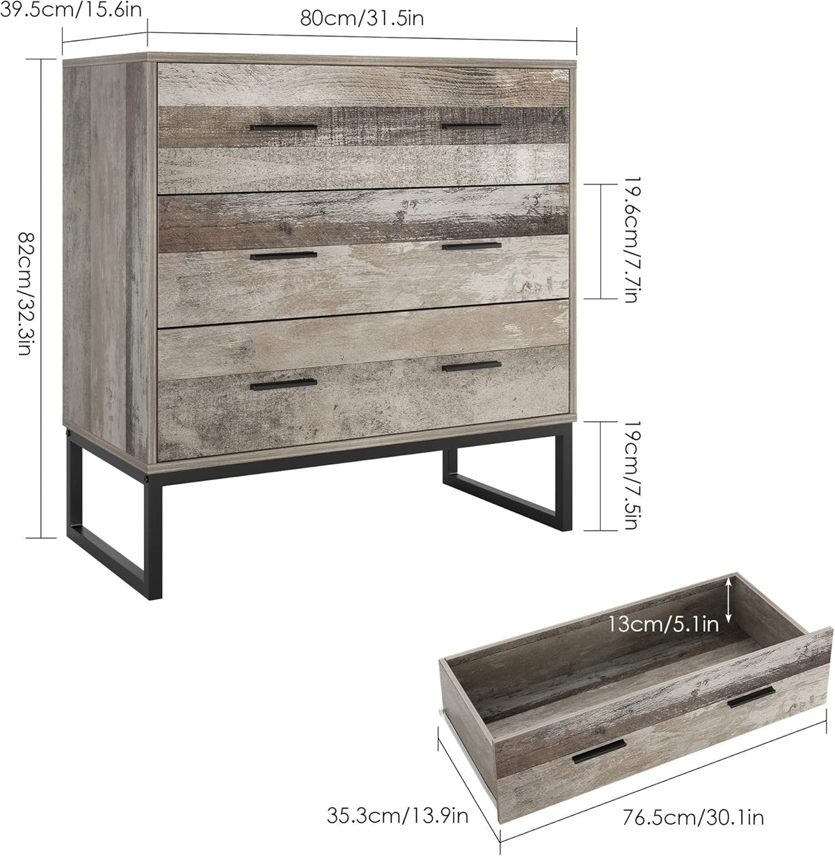 3 Drawer Chest Dresser with Solid Wood Frame and Metal Legs A788