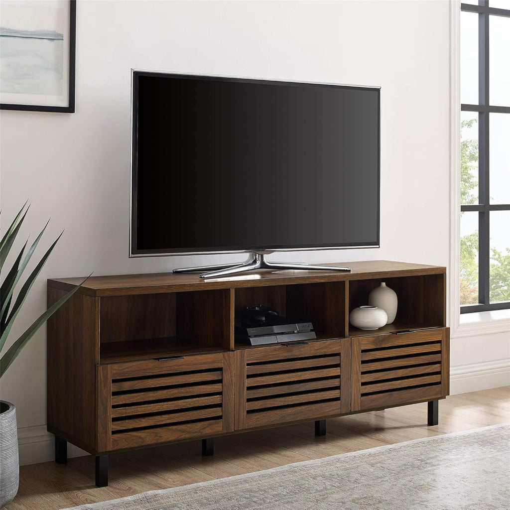 Modern Wood TV Stand with Slat Doors, 58 Inch, Dark Walnut F82504