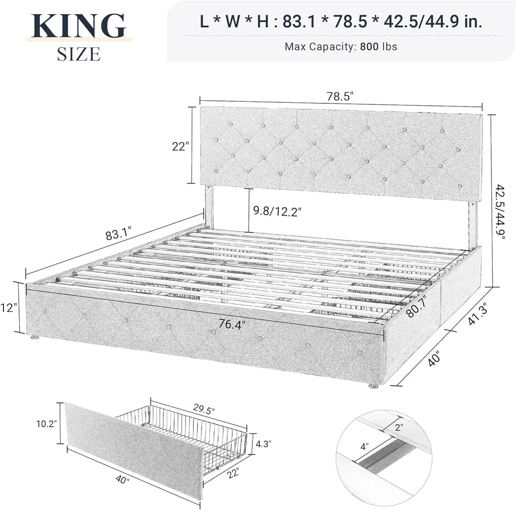 King Size Upholstered Platform Bed Frame with 4 Storage Drawers and Headboard G517