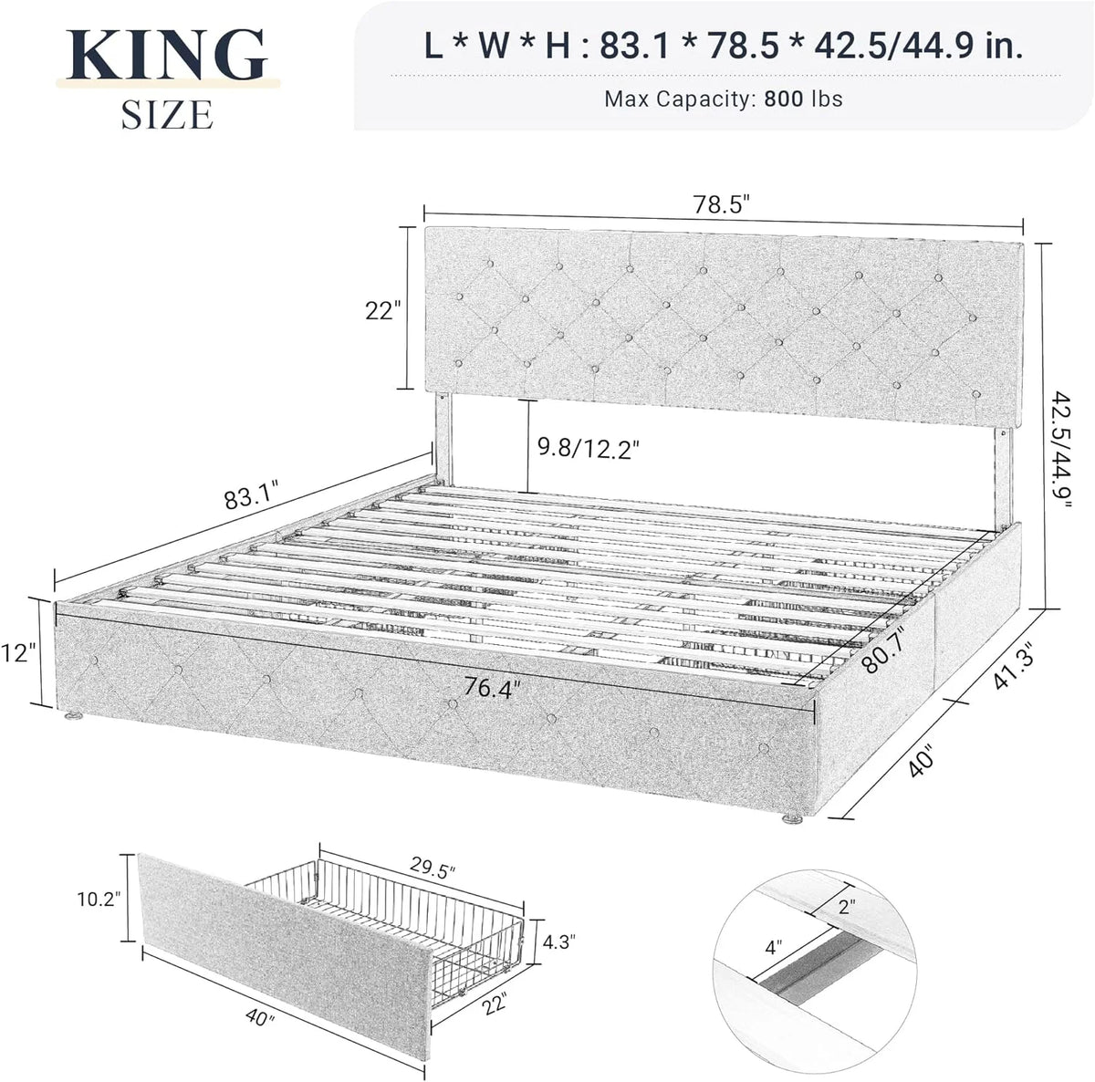 King Size Upholstered Platform Bed Frame with 4 Storage Drawers and Headboard G517