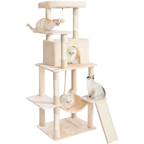 63in Multi-Level Cat Tree Tower with Sisal Scratching Posts, Condo, Hammock, Dangling Ball and Extended Platform, Dark Grey C928992