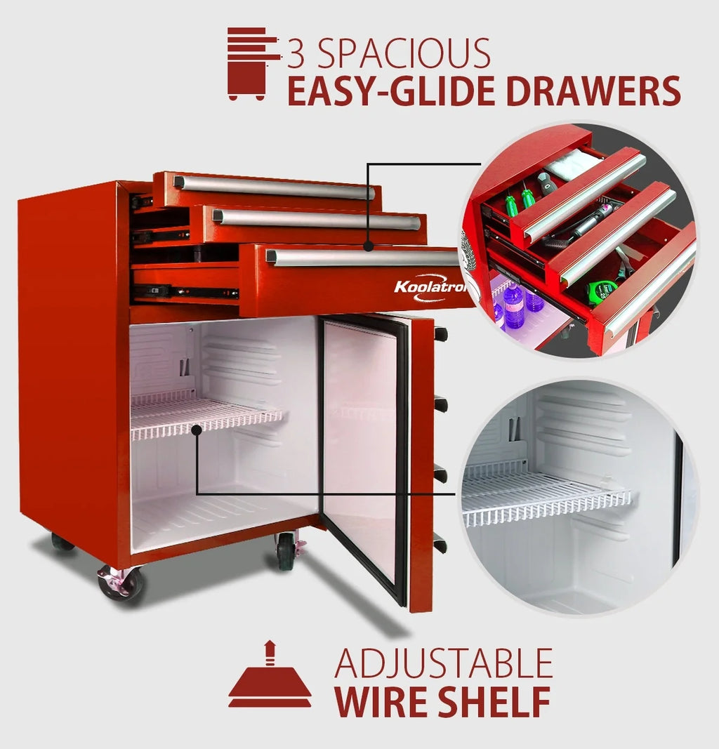 Red Compact Fridge with Built-in Tool Storage K91997