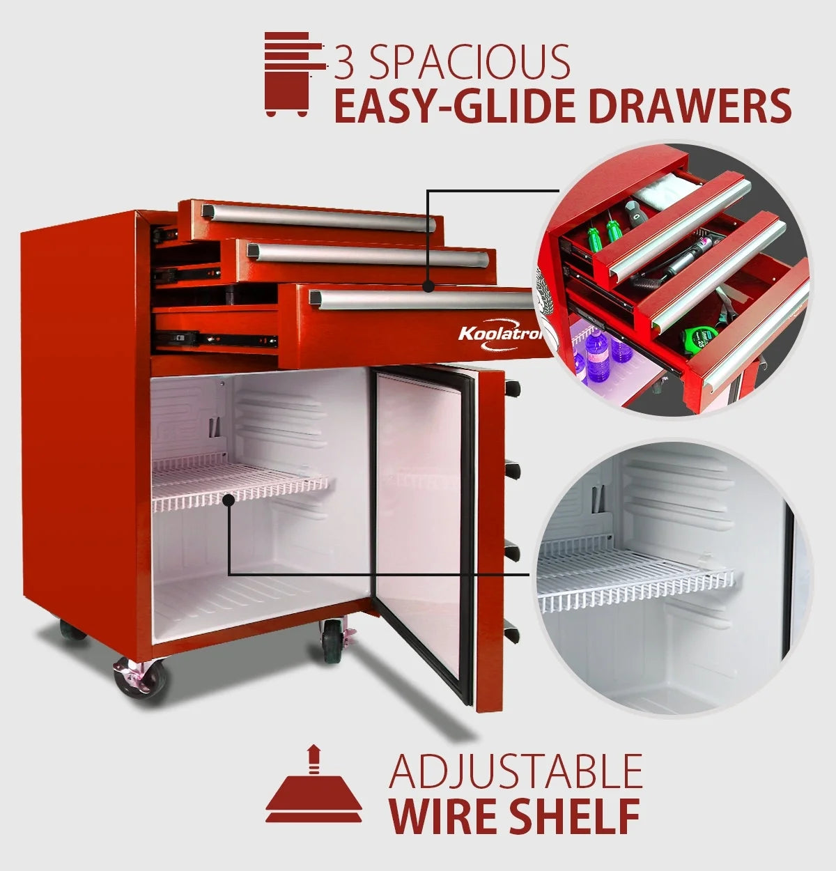 Red Compact Fridge with Built-in Tool Storage K91997