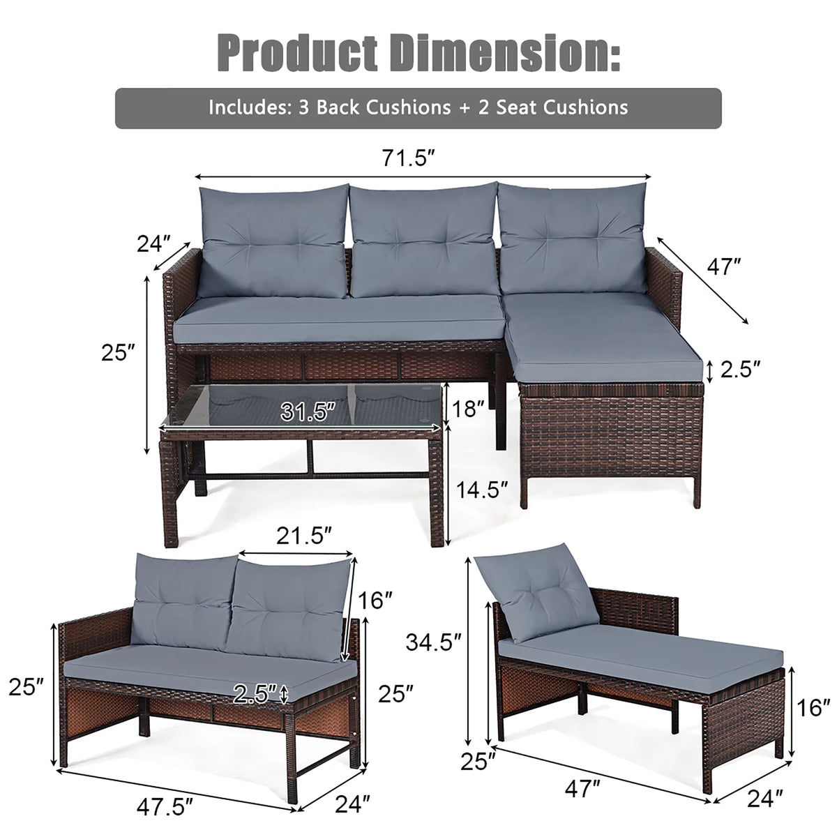 3 Pc Wicker Rattan Patio Sofa Set B73481