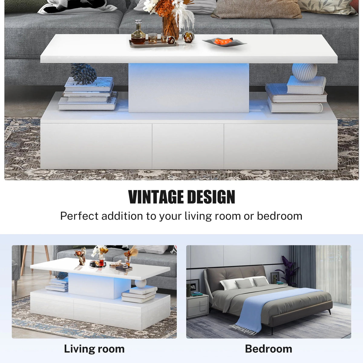 Black LED Coffee Table with 4 Drawers B678910