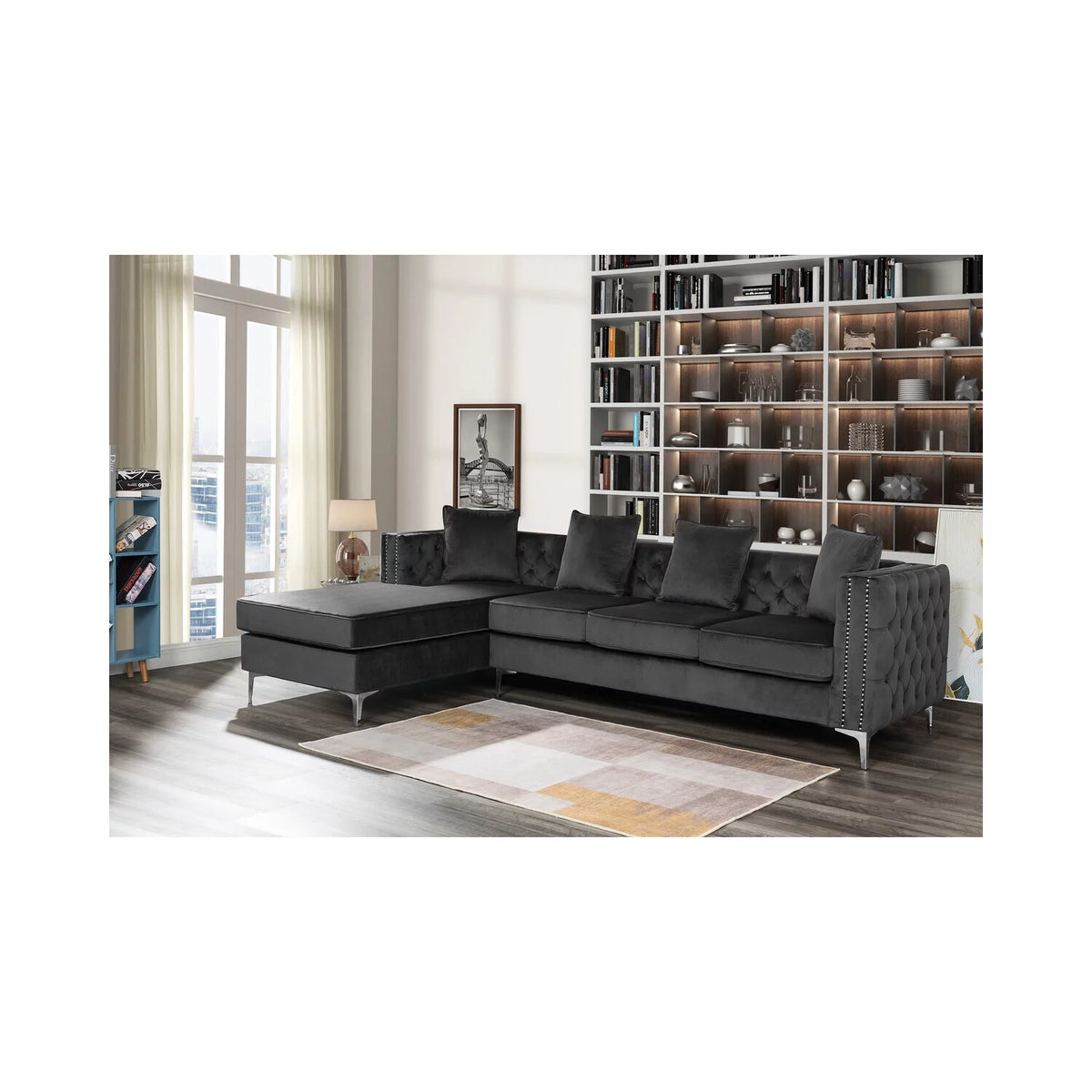 Dark Gray Velvet Reversible Sectional Sofa Chaise F29941