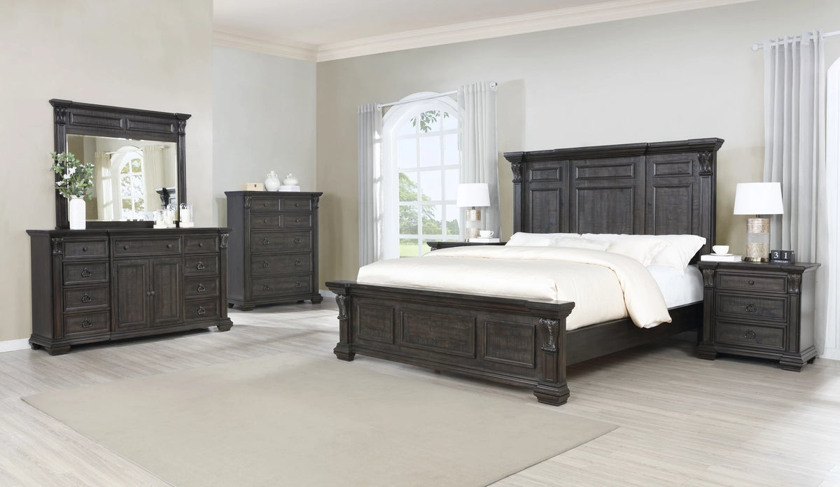 Dark Walnut Wood Panel Queen Bed Dresser Mirror Nightstand Chest S96758