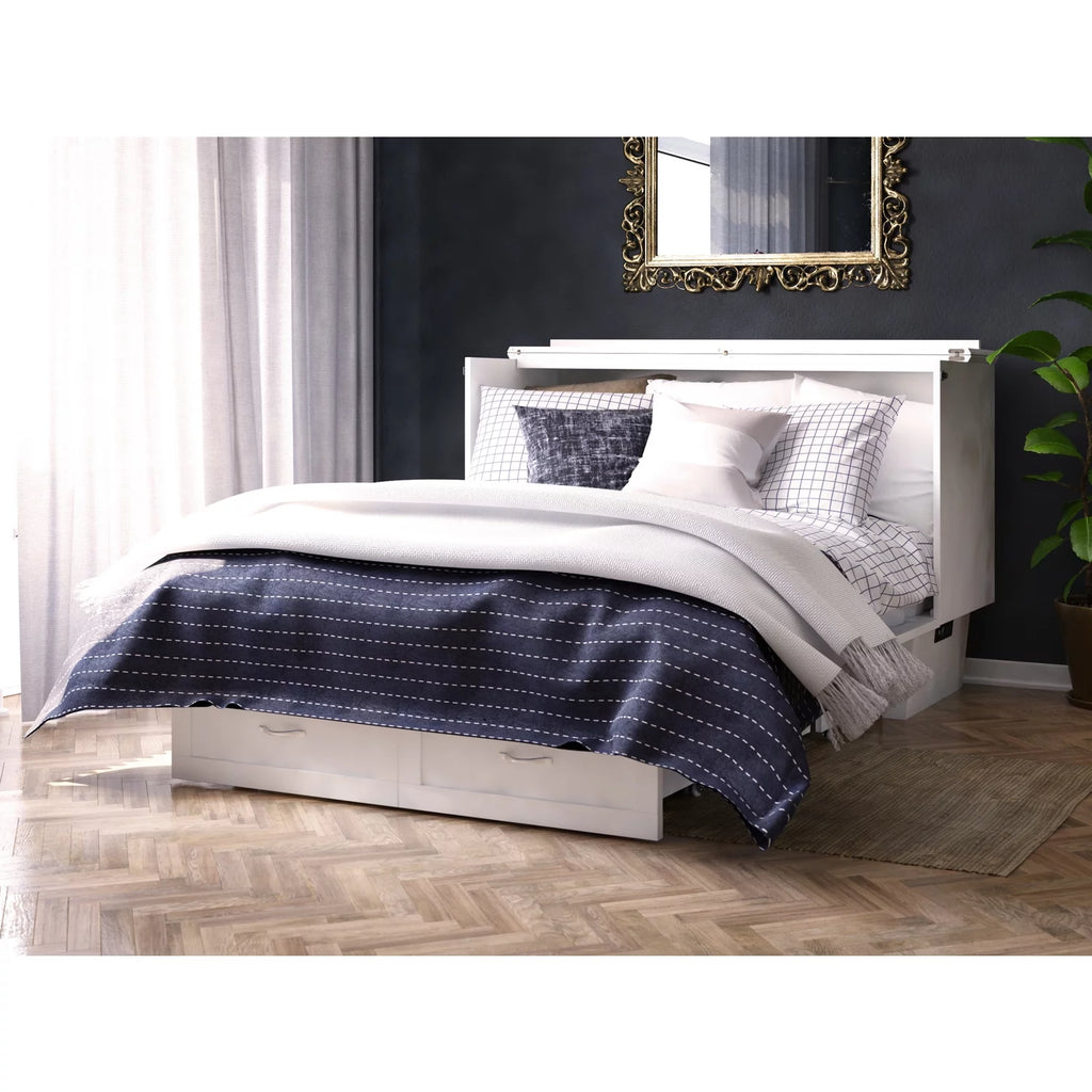 Queen Solid Wood Murphy Bed Chest with Mattress in White J775