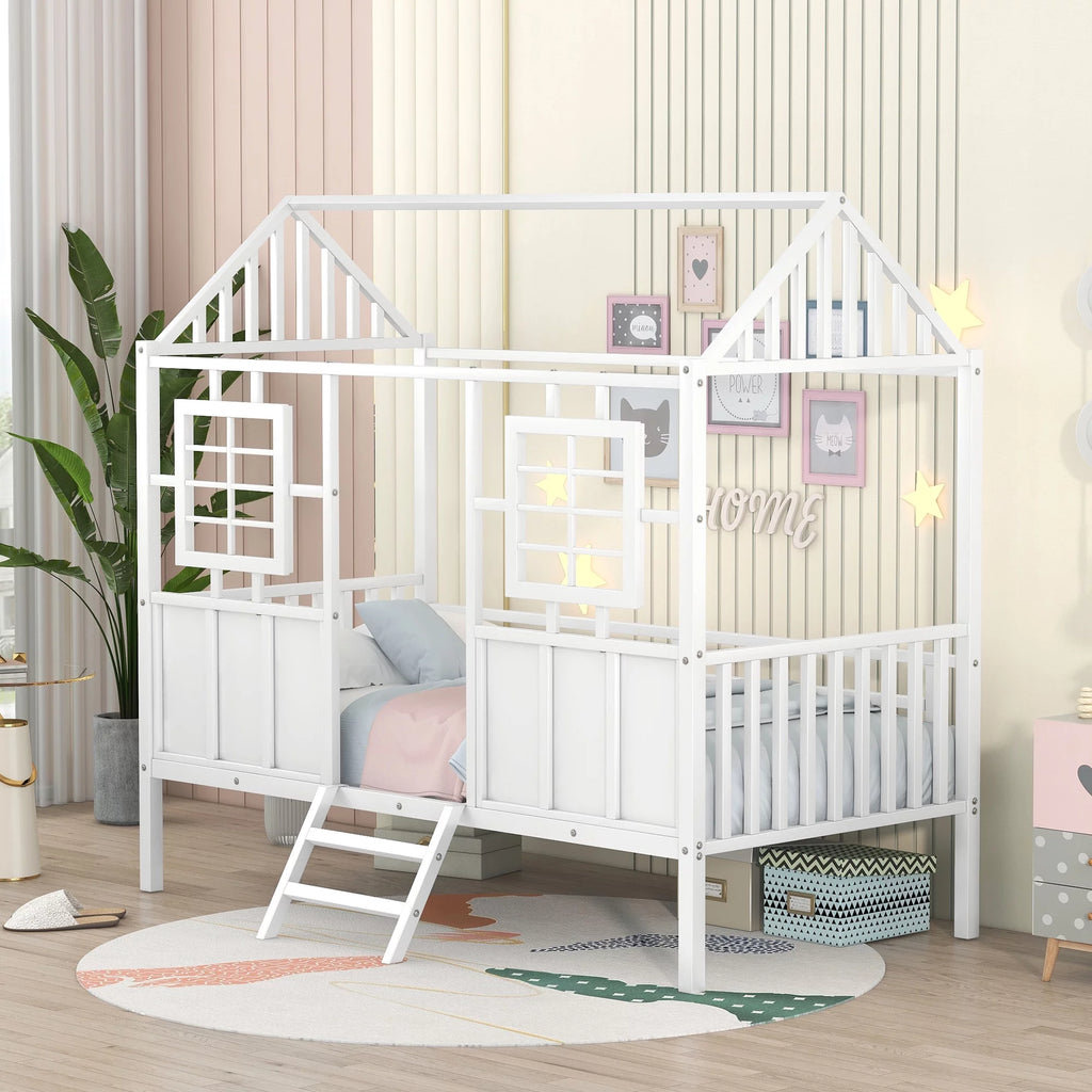 White Metal Twin Low Loft Bed with House-Shaped Roof and Window Z4800