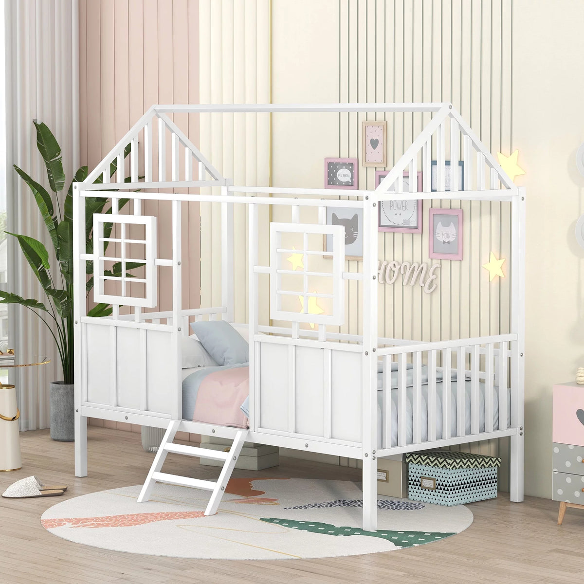 White Metal Twin Low Loft Bed with House-Shaped Roof and Window Z4800