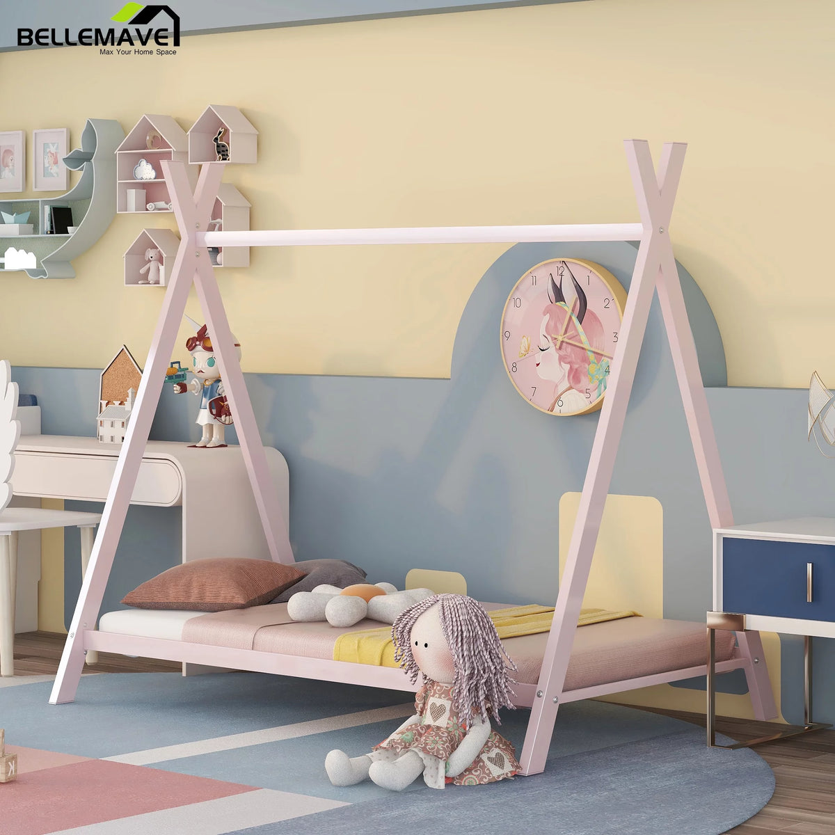 Twin Size Metal House Bed with Slat R211137