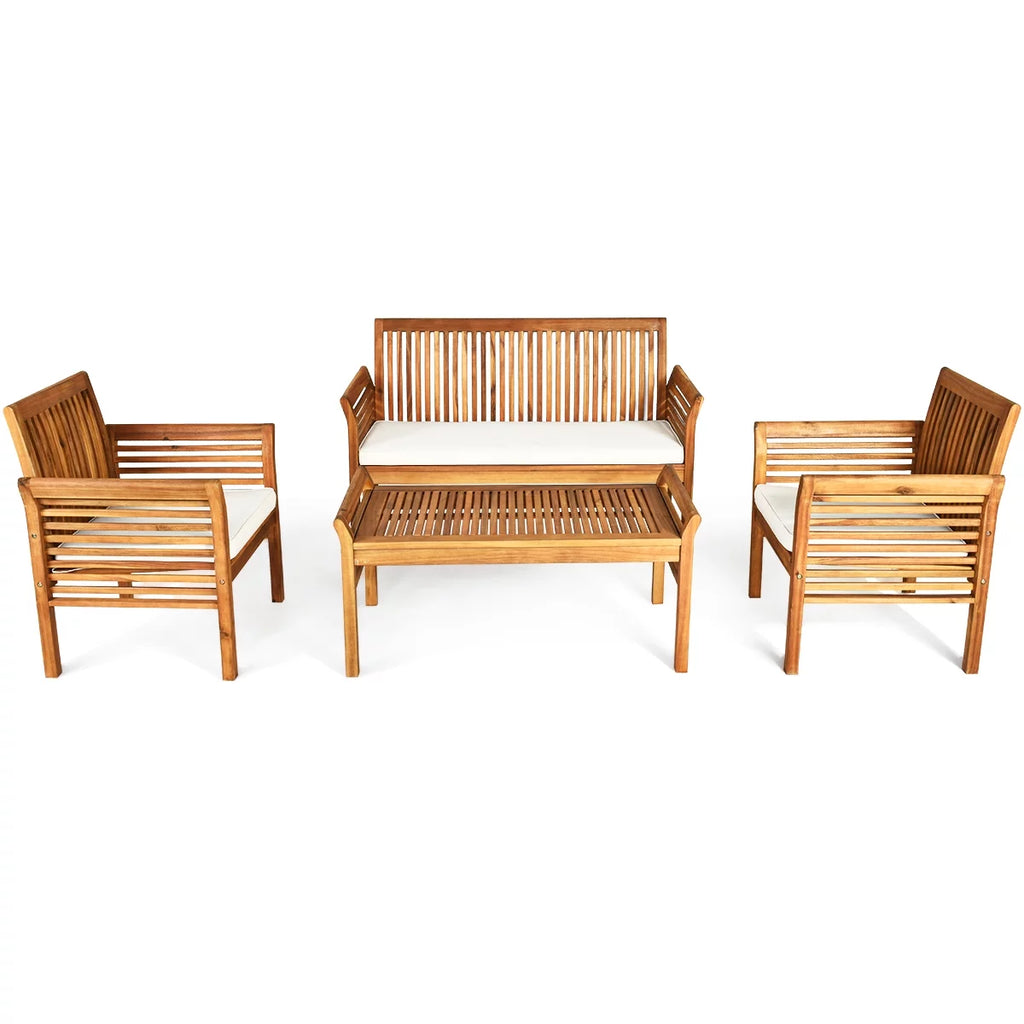 4-Piece Acacia Wood Patio Sofa Set with Beige Cushions V593