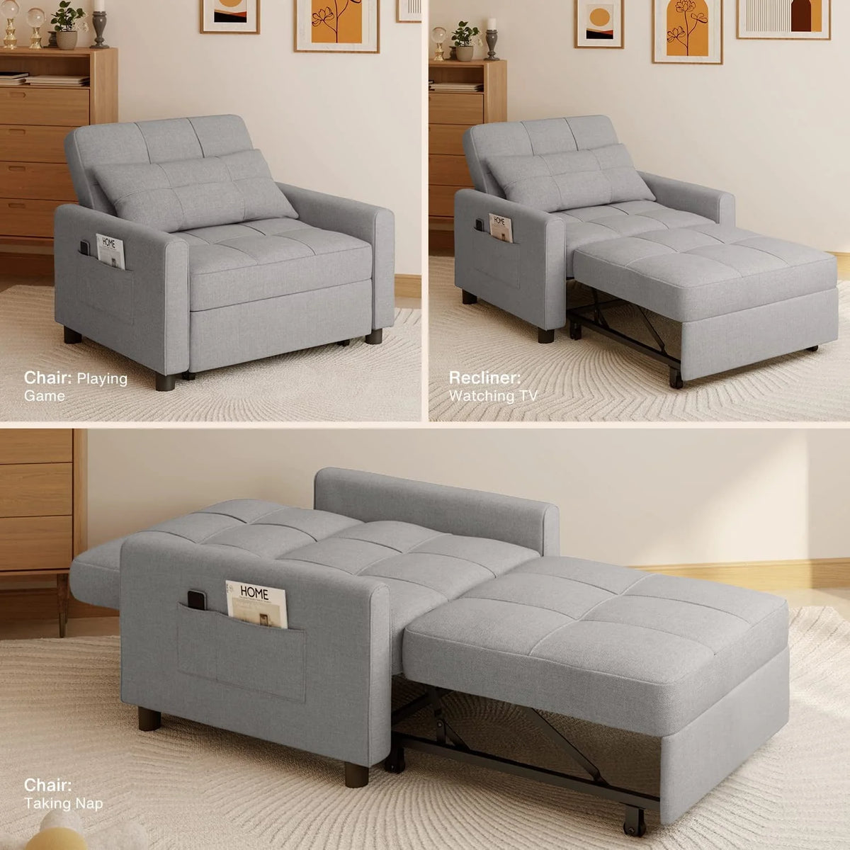 Adjustable 3 in 1 Sleeper Sofa Bed with Metal Frame, Dark Gray B46419
