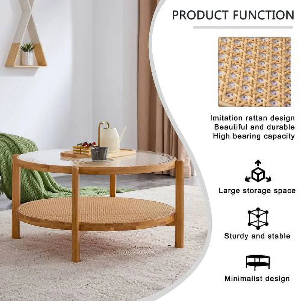 Round 2-Tier Glass Coffee Table with Solid Wood Legs H305692