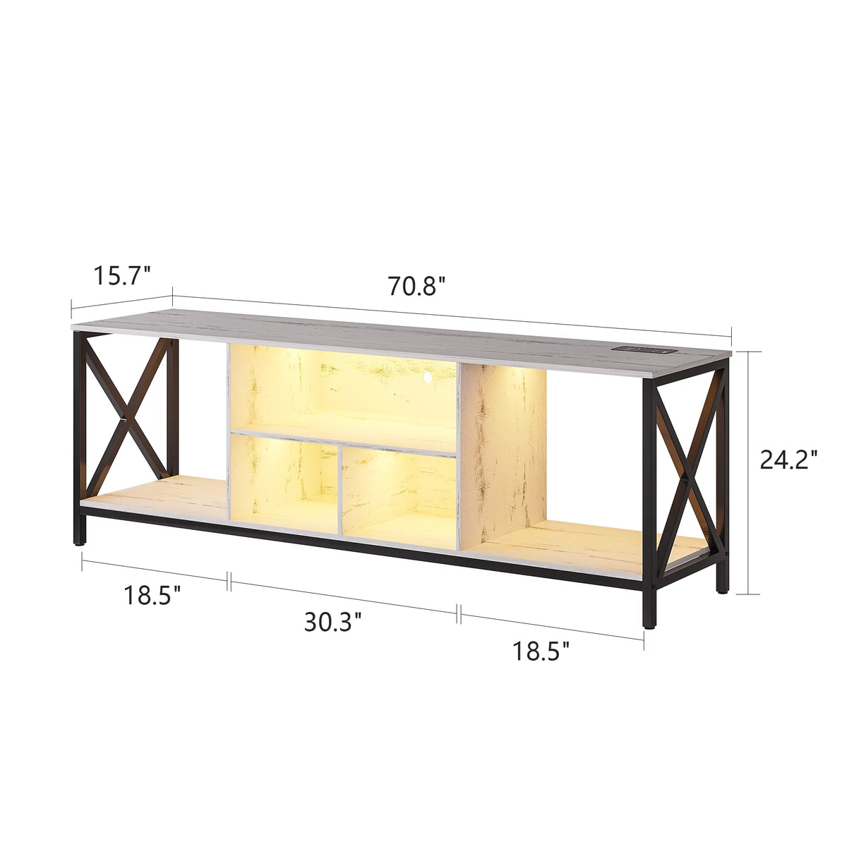 White LED TV Stand with Charging Station and Storage Cabinet J2733