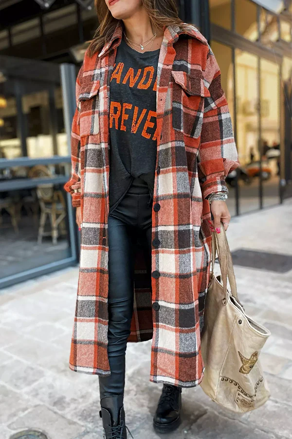 Plaid Button Pocket Shirt Collar Outerwear T320