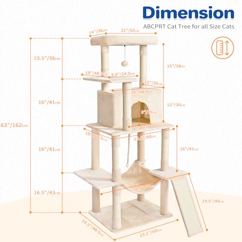 63in Multi-Level Cat Tree Tower with Sisal Scratching Posts, Condo, Hammock, Dangling Ball and Extended Platform, Dark Grey C928992