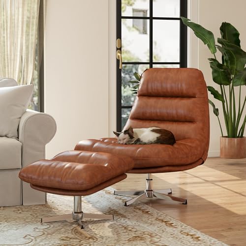 Brown PU Leather Oversized Swivel Accent Chair with Ottoman Z86008