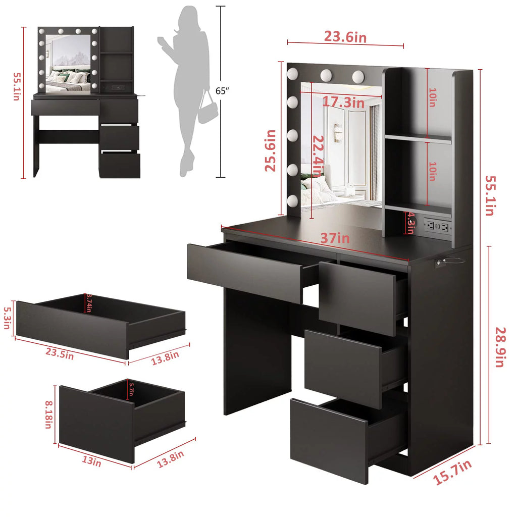 Black 4 Drawer Makeup Vanity Table M4228