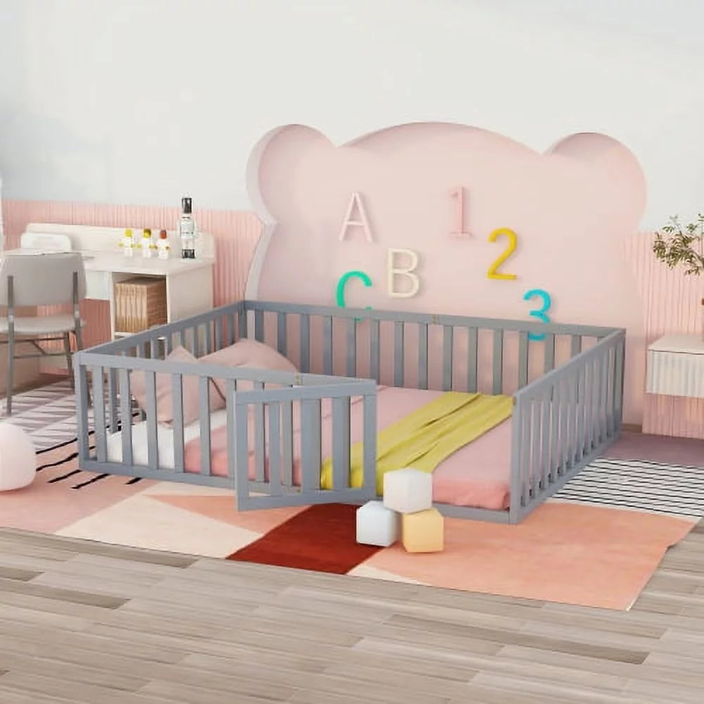 Twin Size Solid Wood Floor Bed Frame with Fence and Door E771938