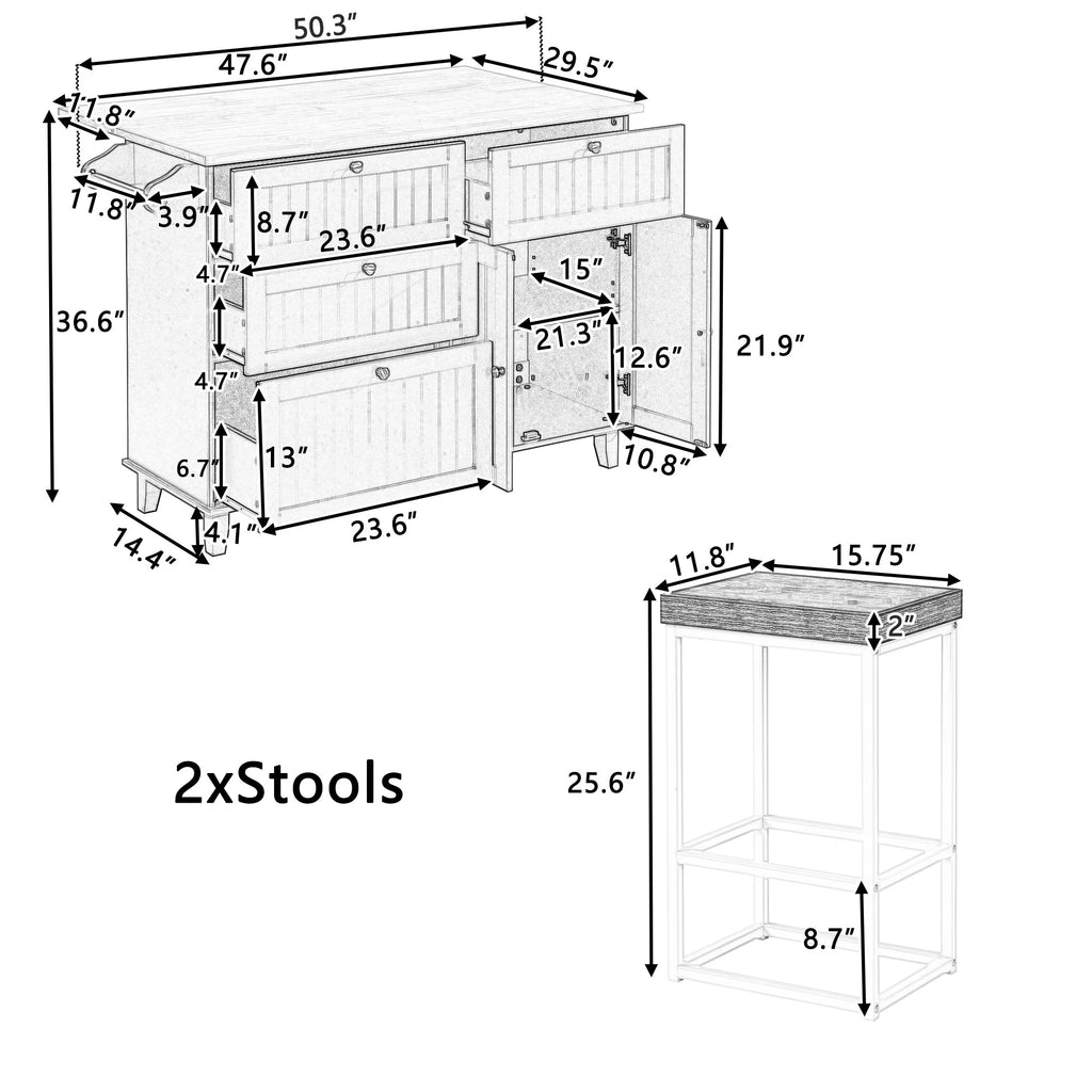 White Kitchen Island Set with 2 Seatings R287