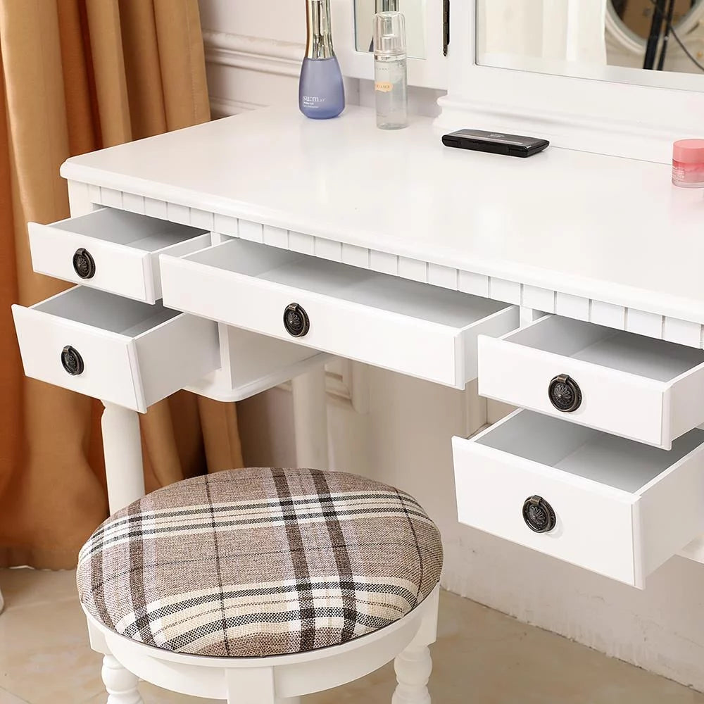 Tri-Folding Vanity Set with Cushioned Stool and 5 Storage Drawer Y802241