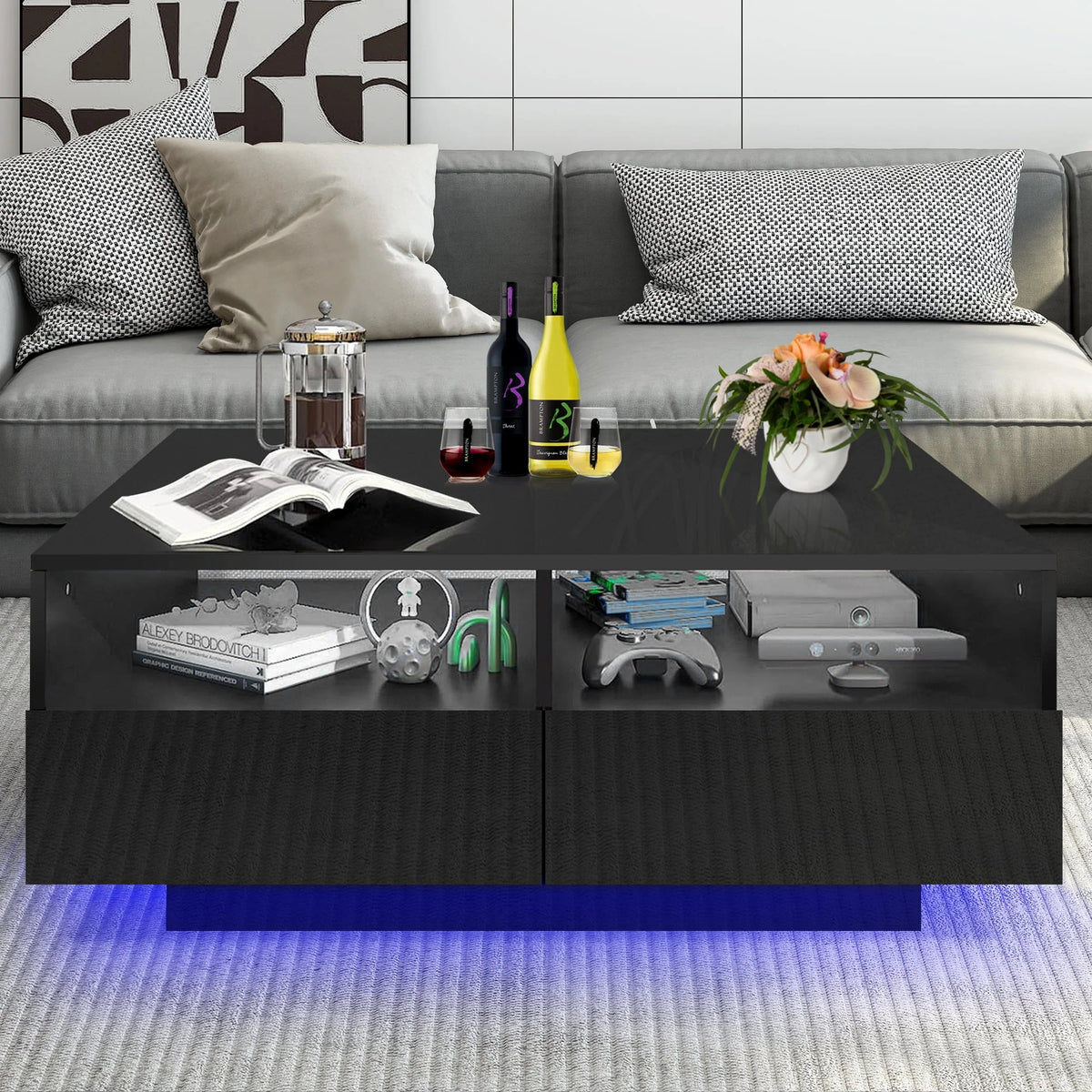 Black LED Coffee Table with 4 Drawers B678910