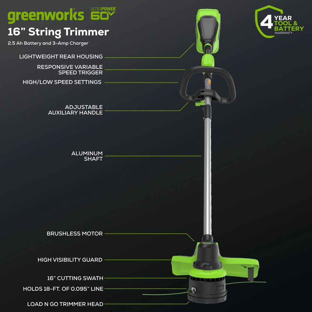 60V 16" Front Mount String Trimmer with 2.5Ah Battery & Charger B660924