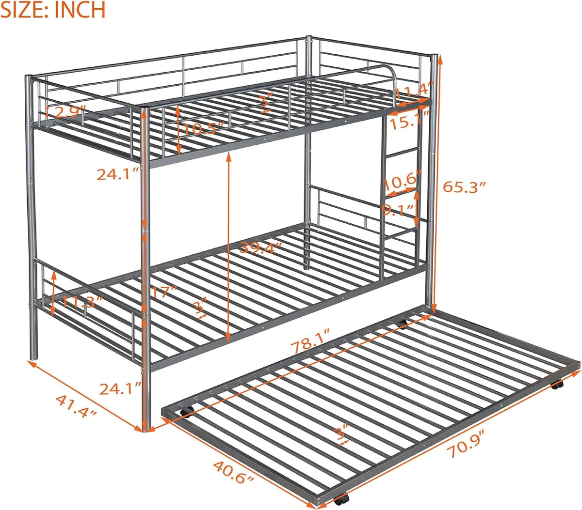 Metal Bunk Bed with Trundle and Safety Guard Rails C6665