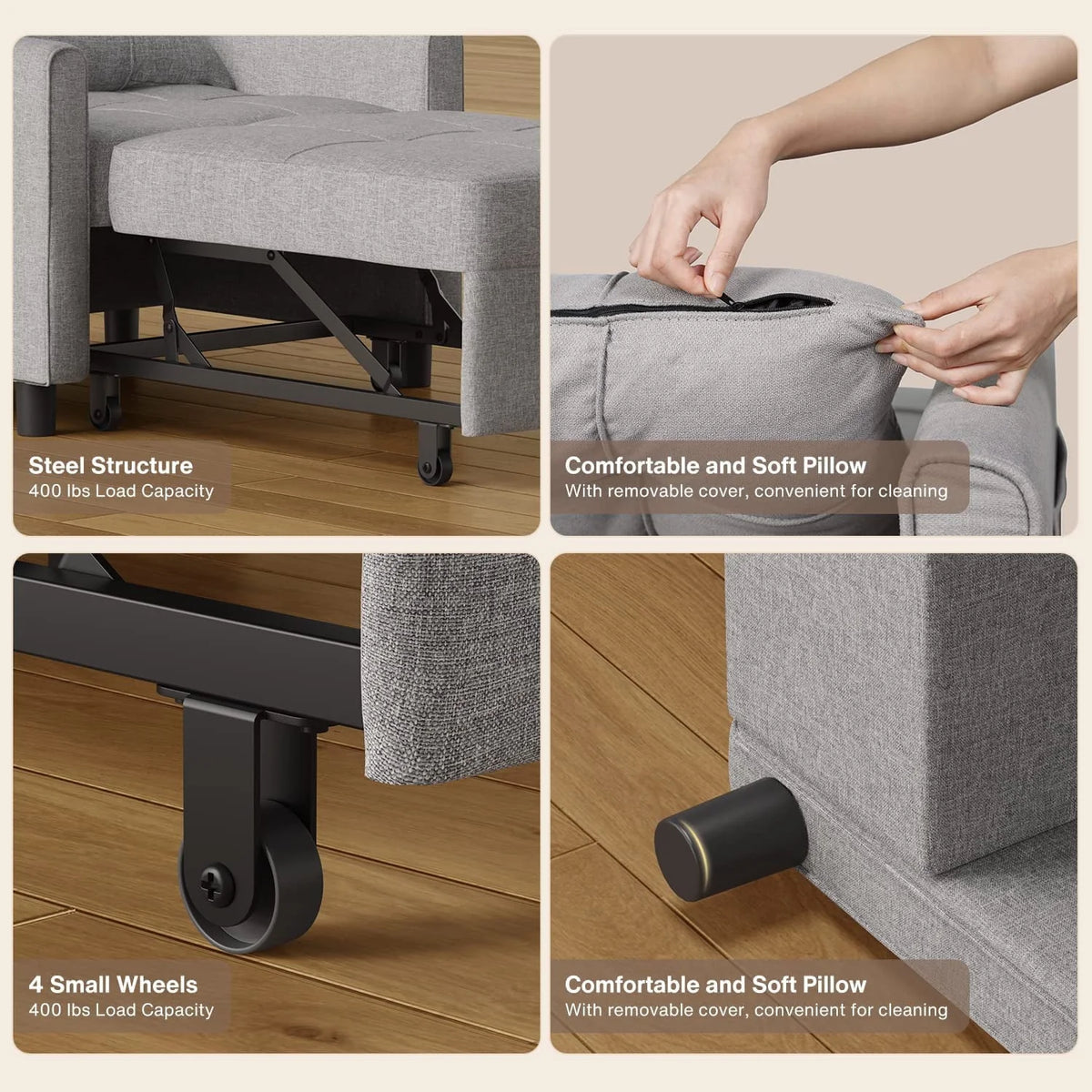 Adjustable 3 in 1 Sleeper Sofa Bed with Metal Frame, Dark Gray B46419