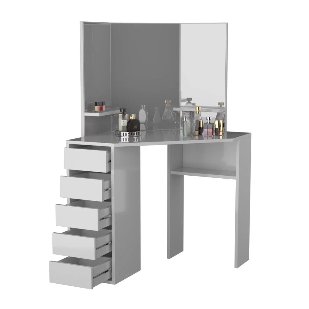 Corner Makeup Vanity Desk with 3 Mirrors and 5 Drawers H82332