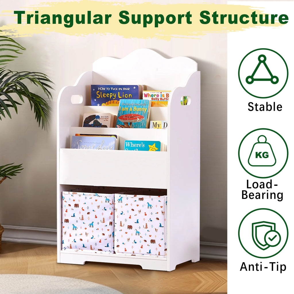 White Wood 4 Tier Kids Bookshelf with Toy Bin E651