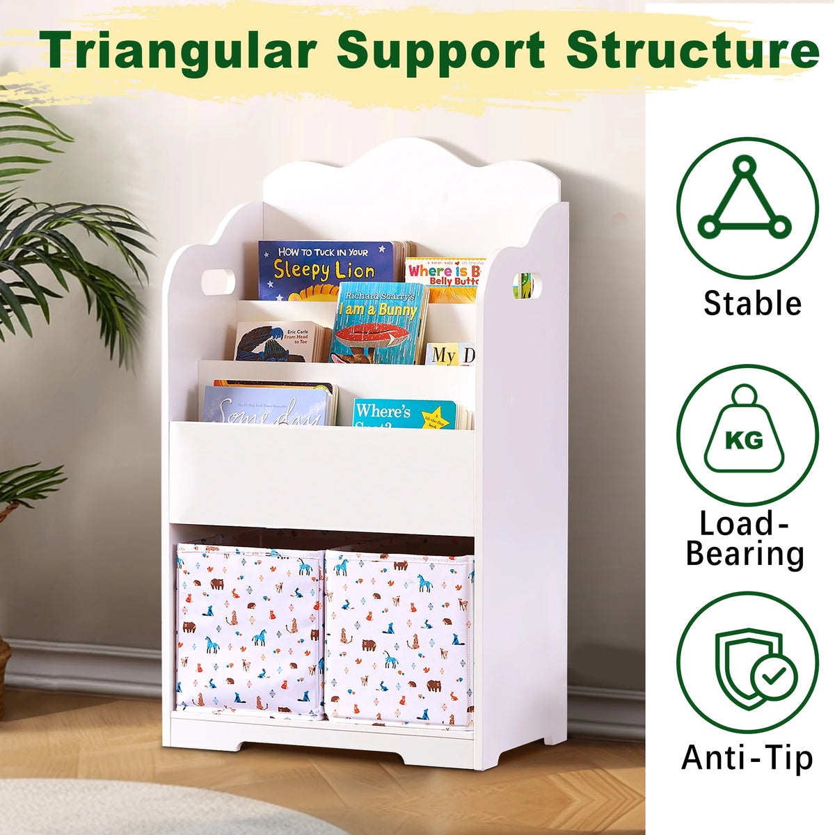 White Wood 4 Tier Kids Bookshelf with Toy Bin E651