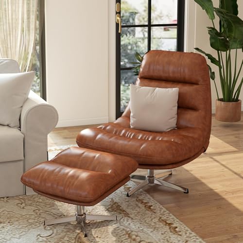 Brown PU Leather Oversized Swivel Accent Chair with Ottoman Z86008