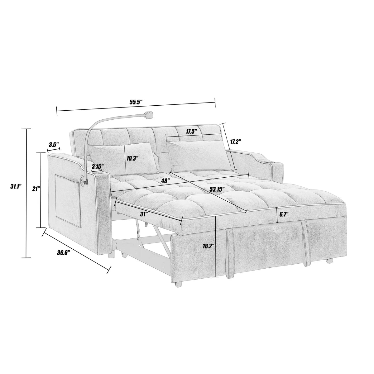 Gray Velvet Pull Out Sofa Bed with USB Port J353125