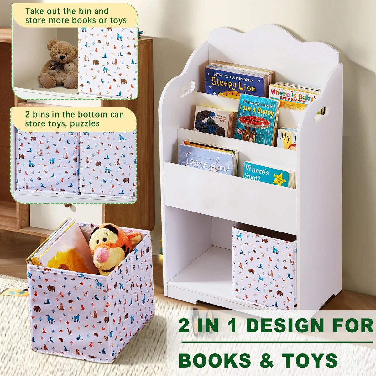 White Wood 4 Tier Kids Bookshelf with Toy Bin E651