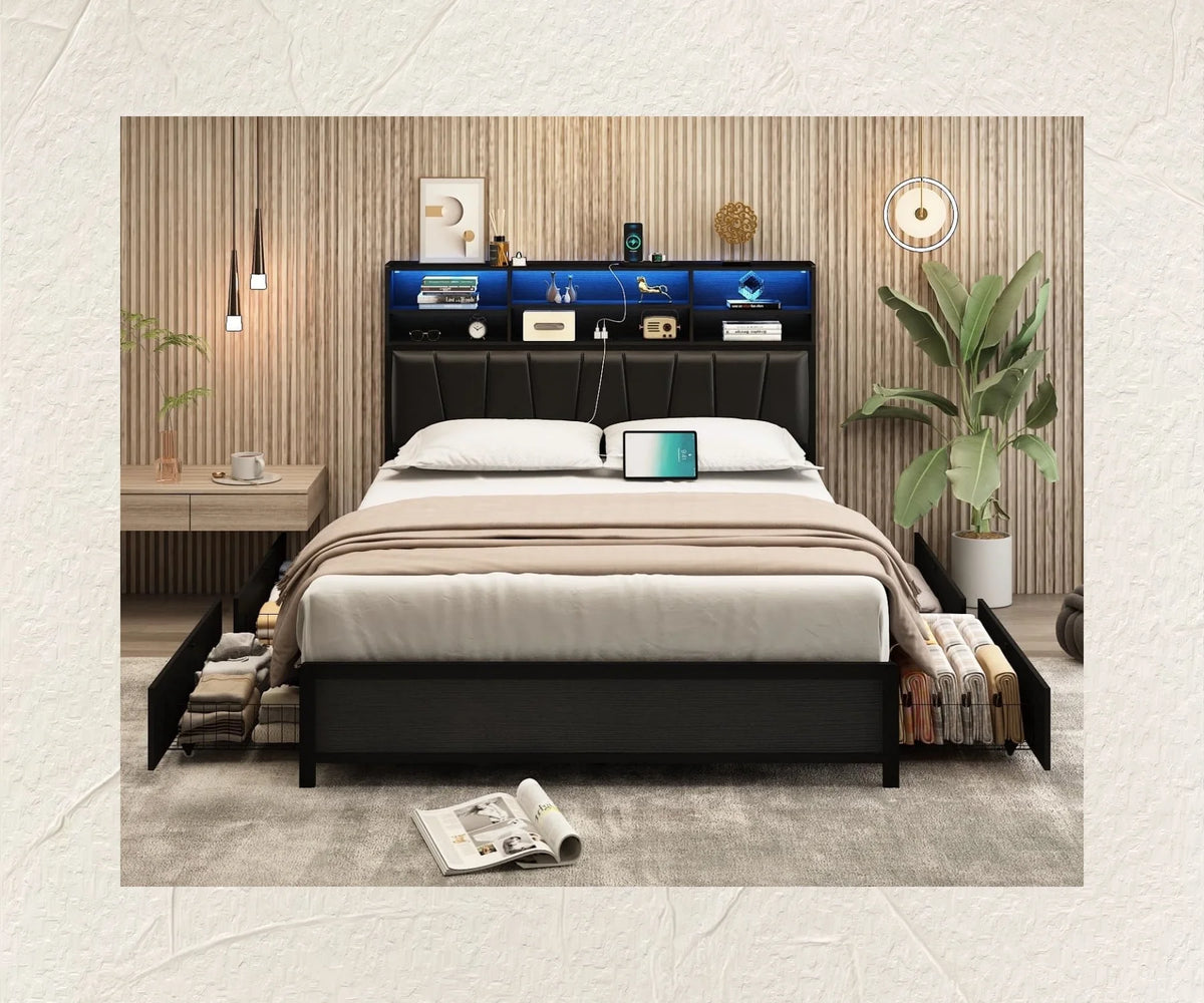 White Queen Size LED Platform Storage Bed Frame with Charging Station P894927