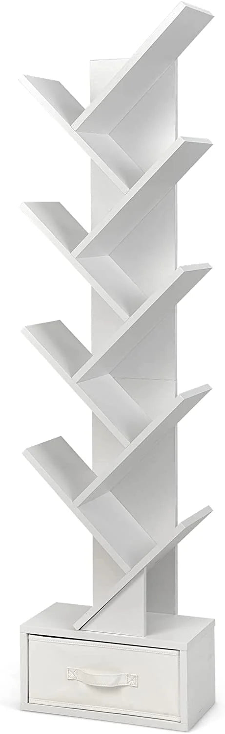 White Wooden 10 Shelf Bookshelf with Drawer I625951
