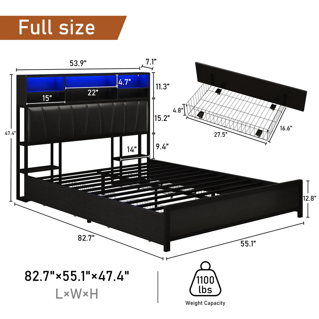 White Queen Size LED Platform Storage Bed Frame with Charging Station P894927