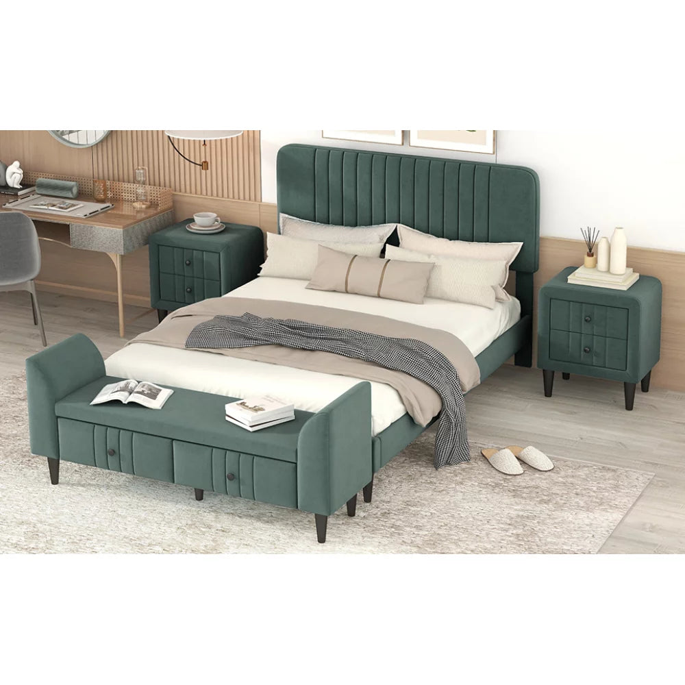 Full Size Upholstered Platform Bed with Two Nightstands and Storage Bench Q68026